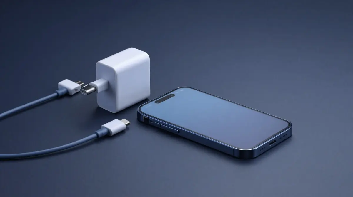 Smartphone mit eingestecktem Ladekabel auf dunkelblauem Studiotisch, daneben ein Netzteil und ein zweites Kabel zum Testen