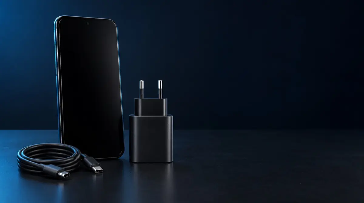 Smartphone mit Ladekabel und USB-C-Netzteil auf freier dunkler Studiofläche