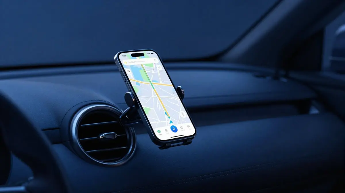 Smartphone mit Navigations-App in einer magnetischen Handyhalterung am Lüftungsgitter eines Autos