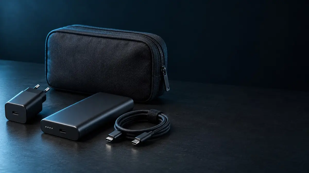 USB-C-Netzteil, Powerbank mit Kabel und geschlossene Reissverschluss-Zubehörtasche auf dunkler Studiofläche