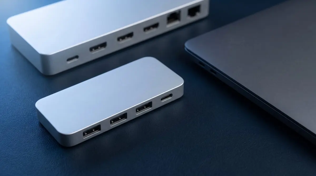 Kompakter USB-C-Hub und grössere Dockingstation nebeneinander an einem Notebook auf dunkelblauem Studiohintergrund