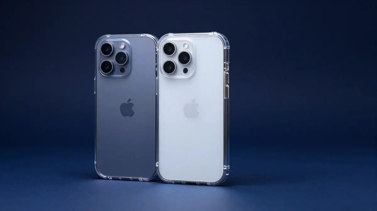 Neue iPhone-17-Schutzhülle mit Kameraausschnitt neben einer alten iPhone-16-Hülle auf dunkelblauem Studiohintergrund