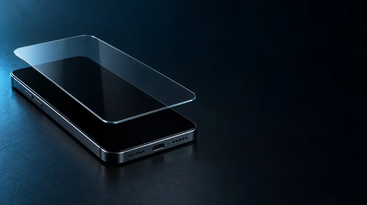 Panzerglas schwebt über dem Display eines modernen Smartphones