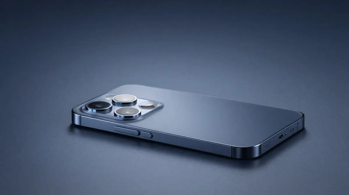 Modernes Smartphone mit grossem Kameramodul und montiertem Kameraschutz aus gehärtetem Glas auf navyblauem Studiohintergrund
