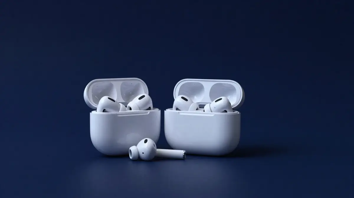 Kabellose In-Ear-Kopfhörer mit offenem Ladecase auf dunkelblauem Studiohintergrund, weiches blaues Licht