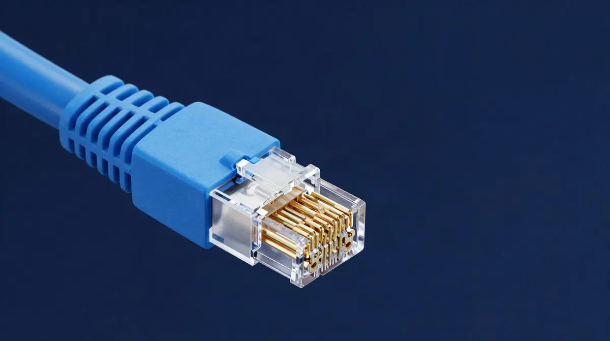 Blaues Cat7-Netzwerkkabel und USB-C-auf-RJ45-Adapter an einem Notebook auf dunkelblauem Studiohintergrund
