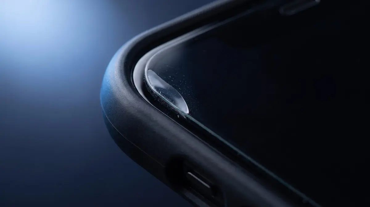 Panzerglas auf einem Smartphone, dessen Hülle am Rand ansteht