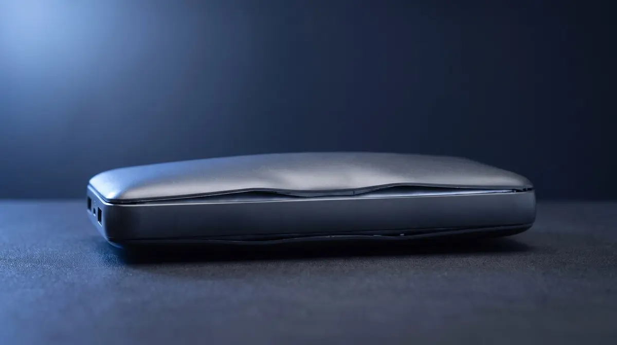 Aufgeblähte Powerbank mit gewölbtem Gehäuse liegt auf einer Oberfläche, Warnhinweis zu Lithium-Akku-Sicherheit