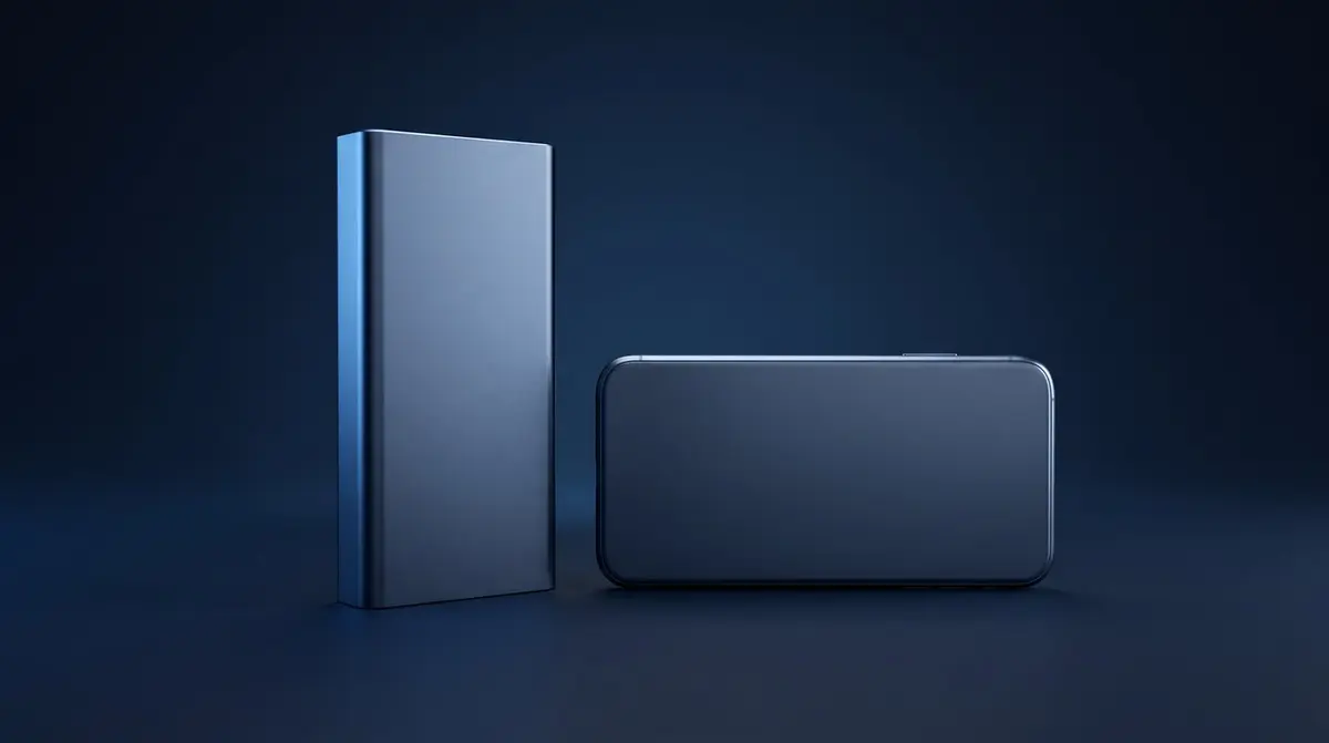 Powerbank mit aufgedruckter Kapazitätsangabe neben einem Smartphone