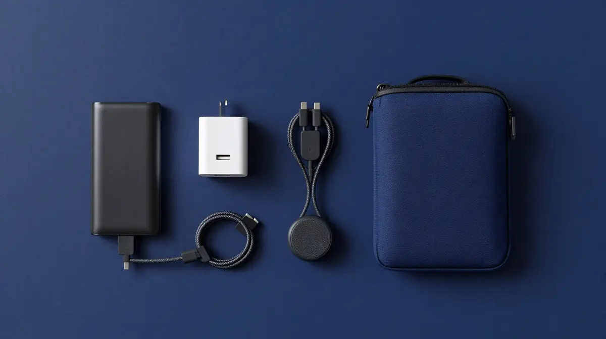Reise-Gadgets fürs Handgepäck flach angeordnet: Powerbank, USB-C-Reiseadapter, kurze Kabel, AirTag und wasserdichte Tasche