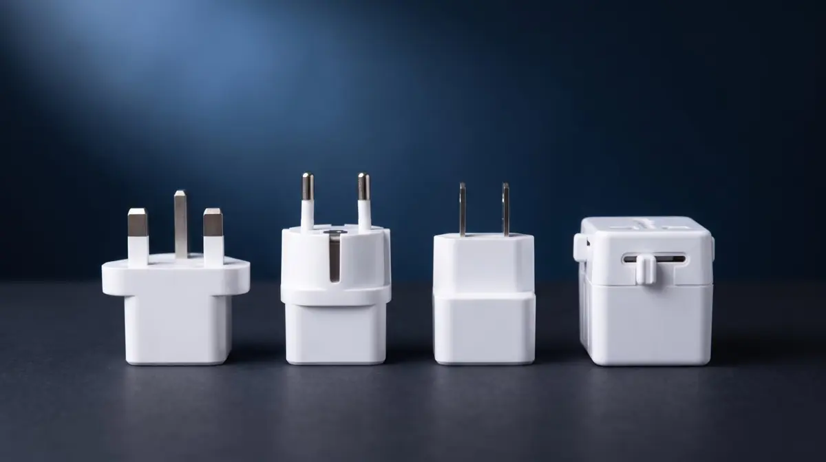 Schweizer Stecker und mehrere Reiseadapter nebeneinander auf einer Ablage