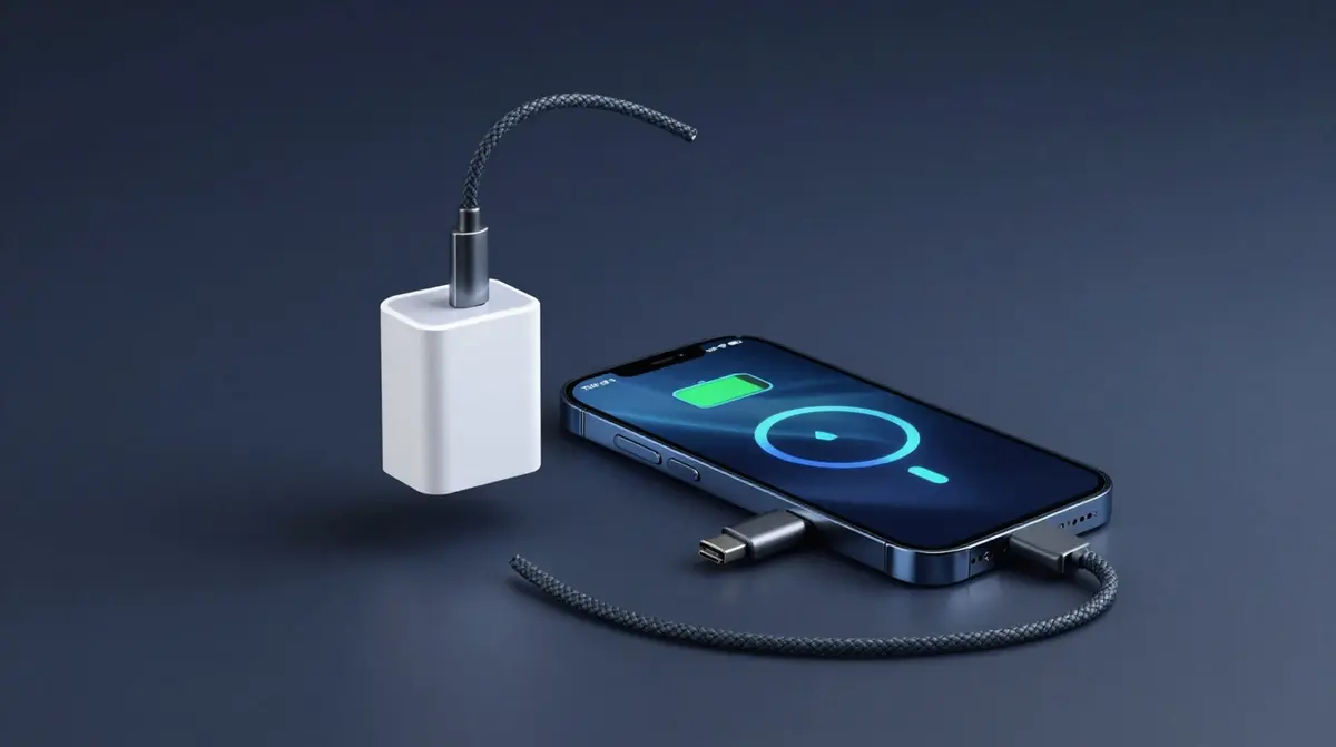 Moderne USB-C Schnellladegeraete und ein ladendes Smartphone auf dunkelblauem Studiohintergrund mit weichem blauem Licht