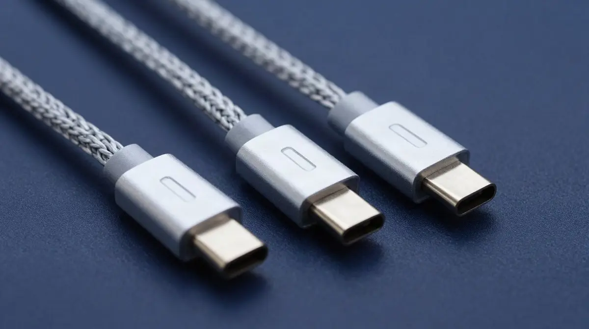 Drei USB-C-Kabel mit unterschiedlichen Steckergehäusen nebeneinander auf dunkelblauem Studiohintergrund