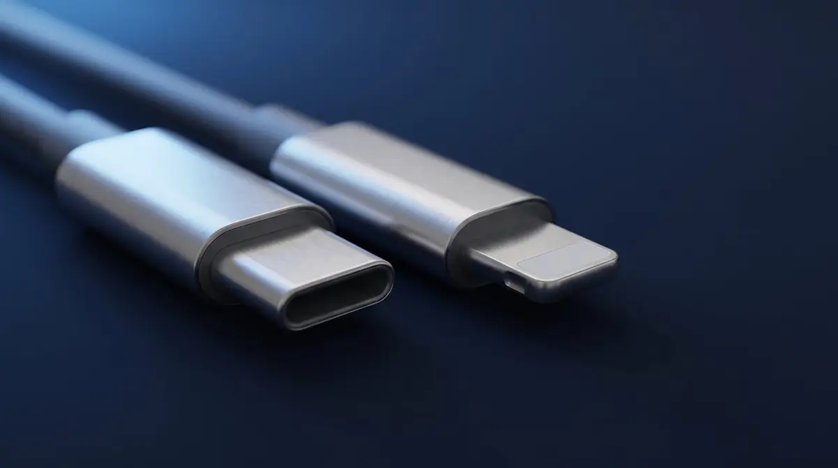 USB-C-Kabel und Lightning-Kabel nebeneinander auf dunkelblauem Studiohintergrund, Steckerköpfe im Fokus