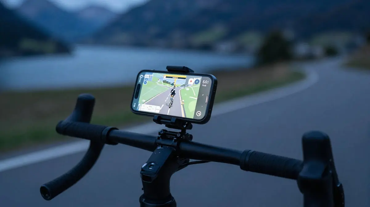 Smartphone mit geöffneter Navigations-App in einer Velohalterung am Lenker