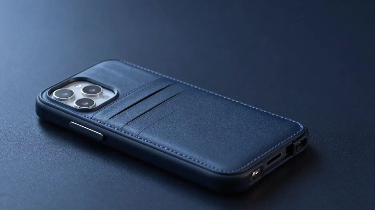 Aufgeklappte Wallet-Handyhülle mit drei Kartenfächern und Magnetverschluss auf dunkelblauem Studiohintergrund