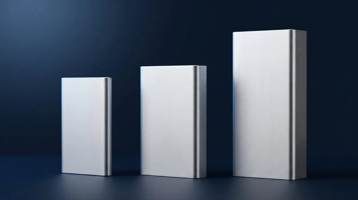 Drei Powerbanks in unterschiedlichen Grössen neben Smartphone und Notebook auf einem Holztisch