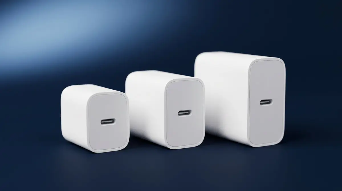 Kompaktes GaN-USB-C-Ladegeraet mit mehreren Anschluessen auf dunkelblauem Studiohintergrund, weiches blaues Licht