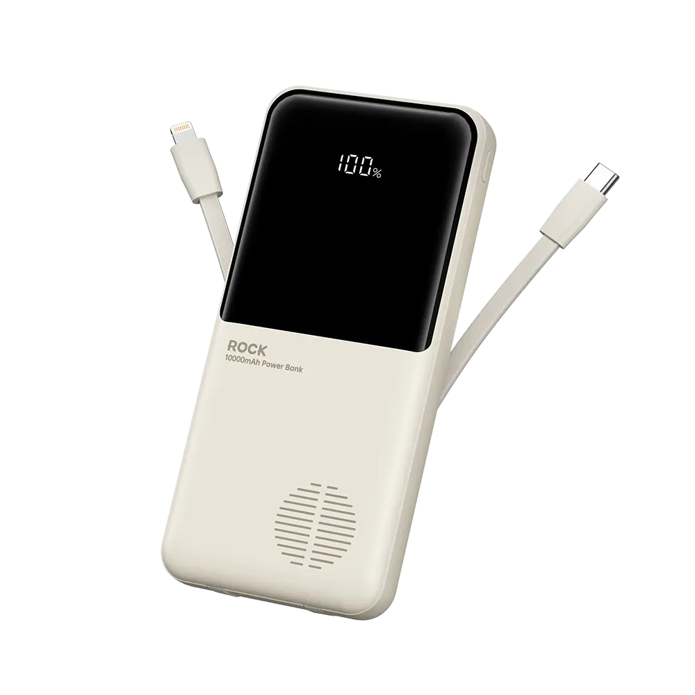 Rock - P55 10000mAh, Powerbank with built in Cables, Beige