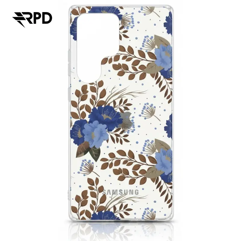 S24 Ultra - Blumenhülle mit goldenen Details und blauen Blumen.