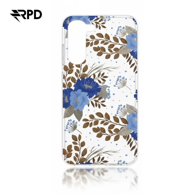 Samsung Galaxy 23 - Blumenhülle mit goldenen Details und blauen Blumen.