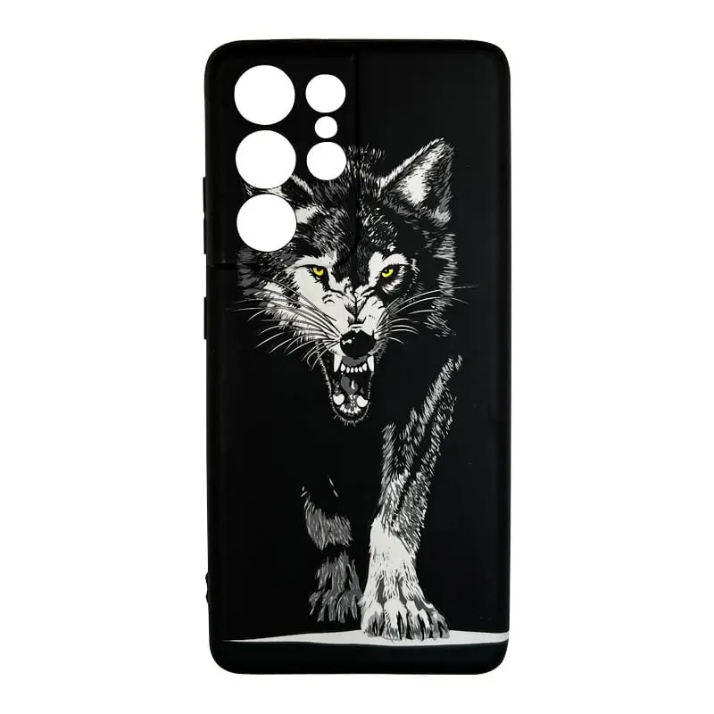 Samsung Galaxy S21 Ultra - Luxo Backcase Black Wolf mit gelben Augen & Angriffspose, Schwarz