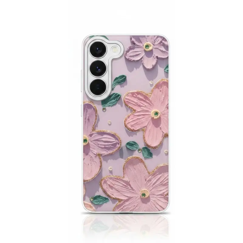 Samsung Galaxy S23 - Custodia lucida con fiori viola e superficie cromata