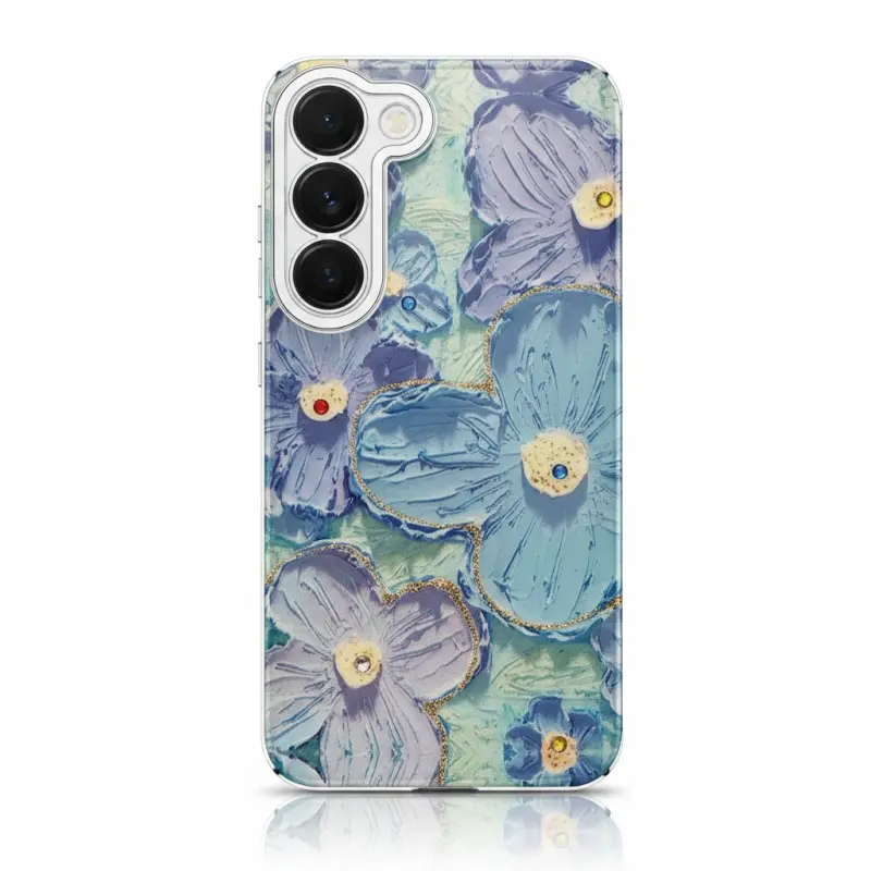 Samsung Galaxy S23 - étui bleu brillant à fleurs avec finition chrome et fond vert