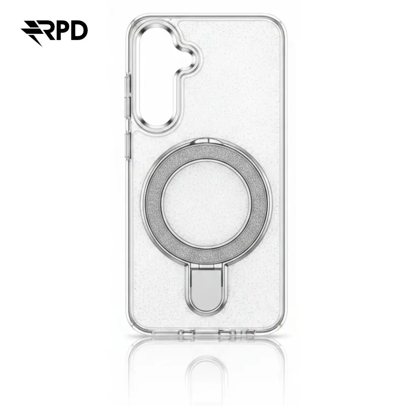 Samsung Galaxy S24 - Custodia MagSafe con anello glitterato, argento, robusta custodia posteriore in plastica