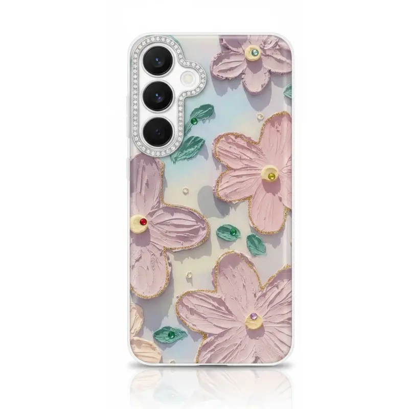 Samsung Galaxy S24 - étui brillant fleur bleue avec finition chrome