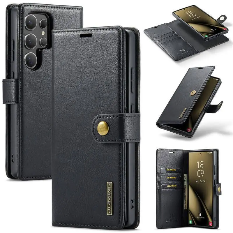 Samsung Galaxy S25 FE - DG.MING Flip Case, 3 compartiments pour cartes, fermeture magnétique, aspect cuir, noir