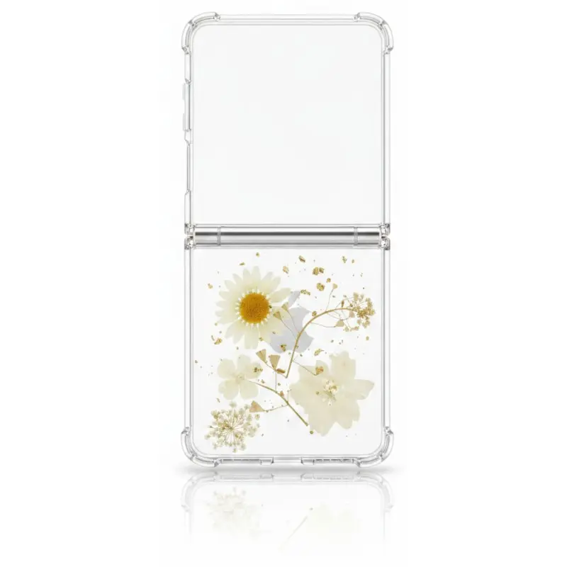 Samsung Galaxy Z Flip 7 - Cover with real flowers and gold accents, white