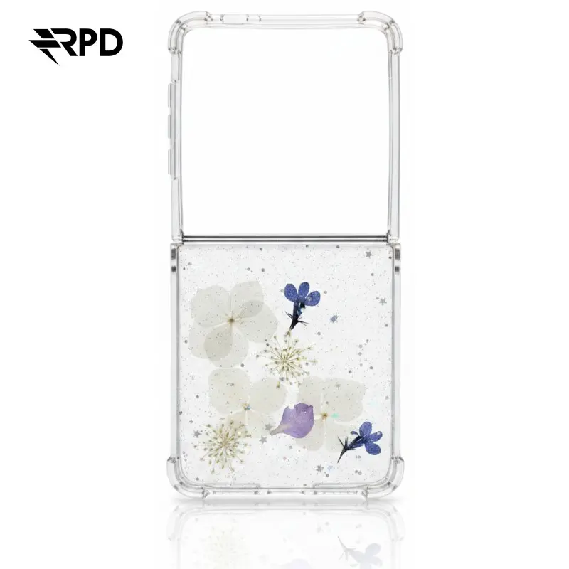 Samsung Galaxy Z Flip 7 - Hülle mit echten Blumen und silbernen Akzenten, blau