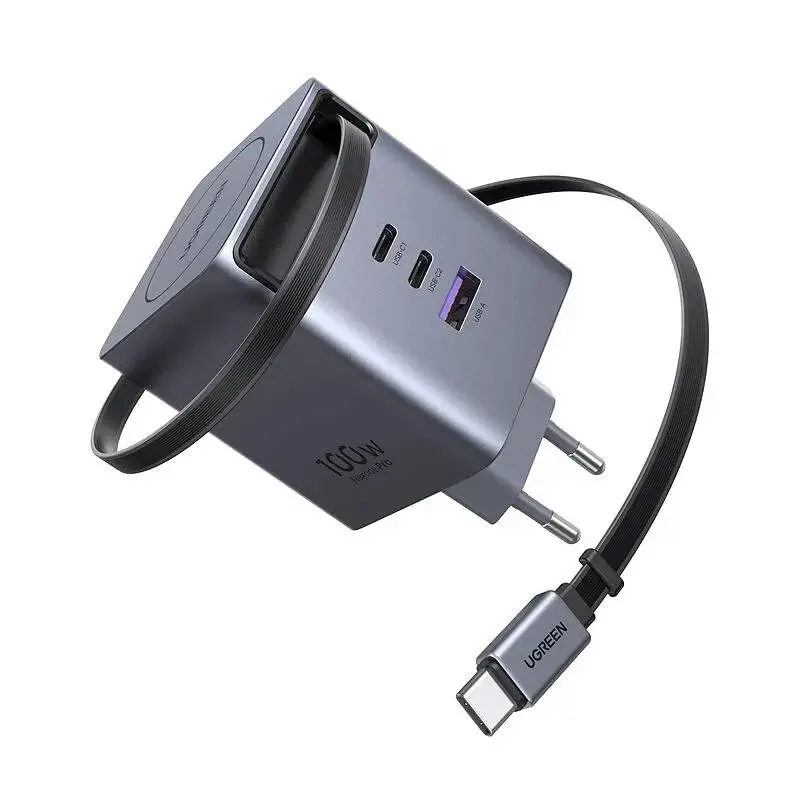 UGREEN - Caricatore GaN 100W con cavo USB-C retrattile, 2x USB-C + USB-A, X616, grigio siderale