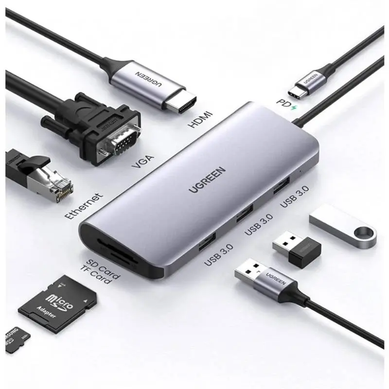 Ugreen – USB-C Hub 9-in-1 mit HDMI, VGA, LAN, SD/TF & PD (CM179 / 40873), grau